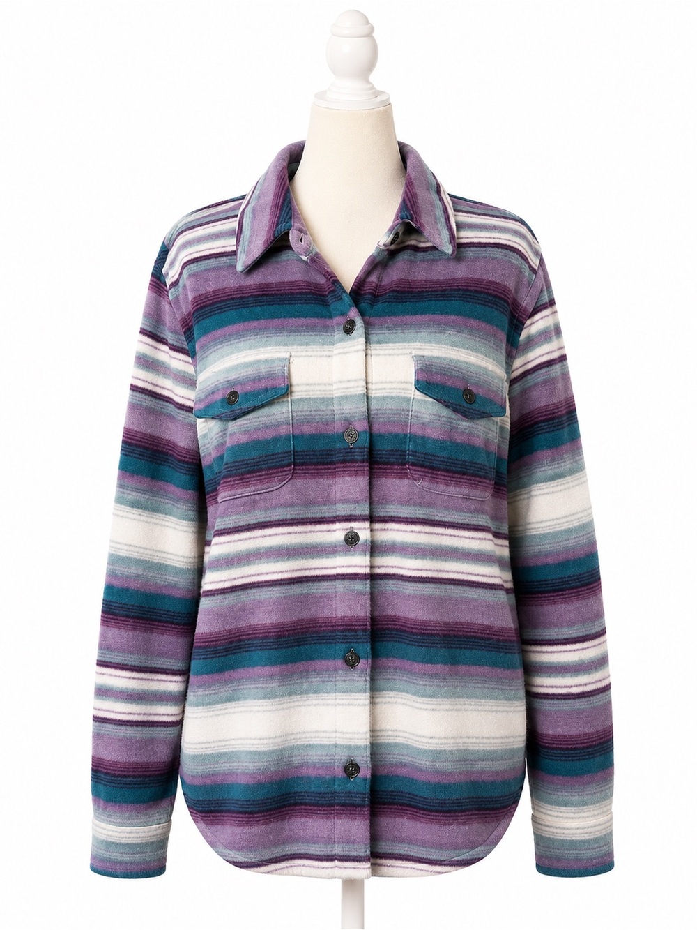 Eddie Bauer Fleece Shirt Women’s Small Purple Blue Striped Button Front Shacket